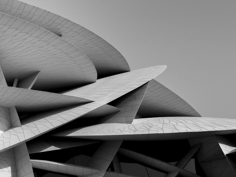 Modern architectural structure with layered, abstract shapes