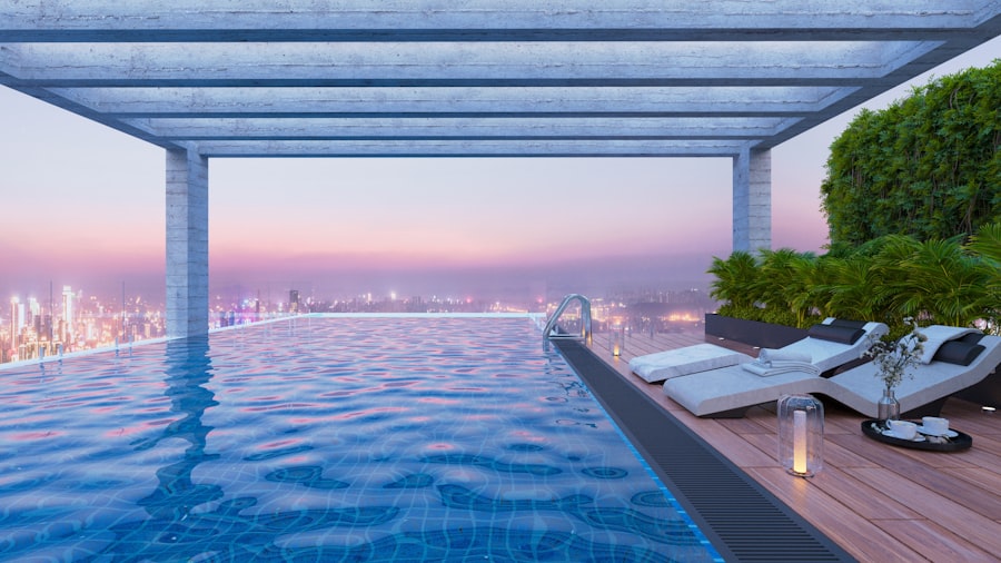Infinity pool overlooking city skyline at dusk